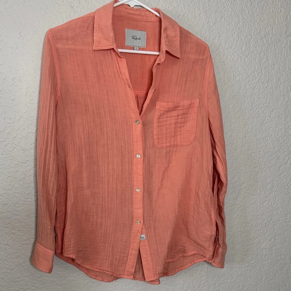 Rails Ellis Button Down Top Peach Size Small Organic Cotton Gauze - Picture 2 of 6